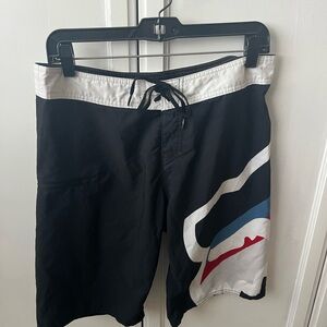 Fox Black Swim Board Shorts with White Waistband and Red & Blue Accents